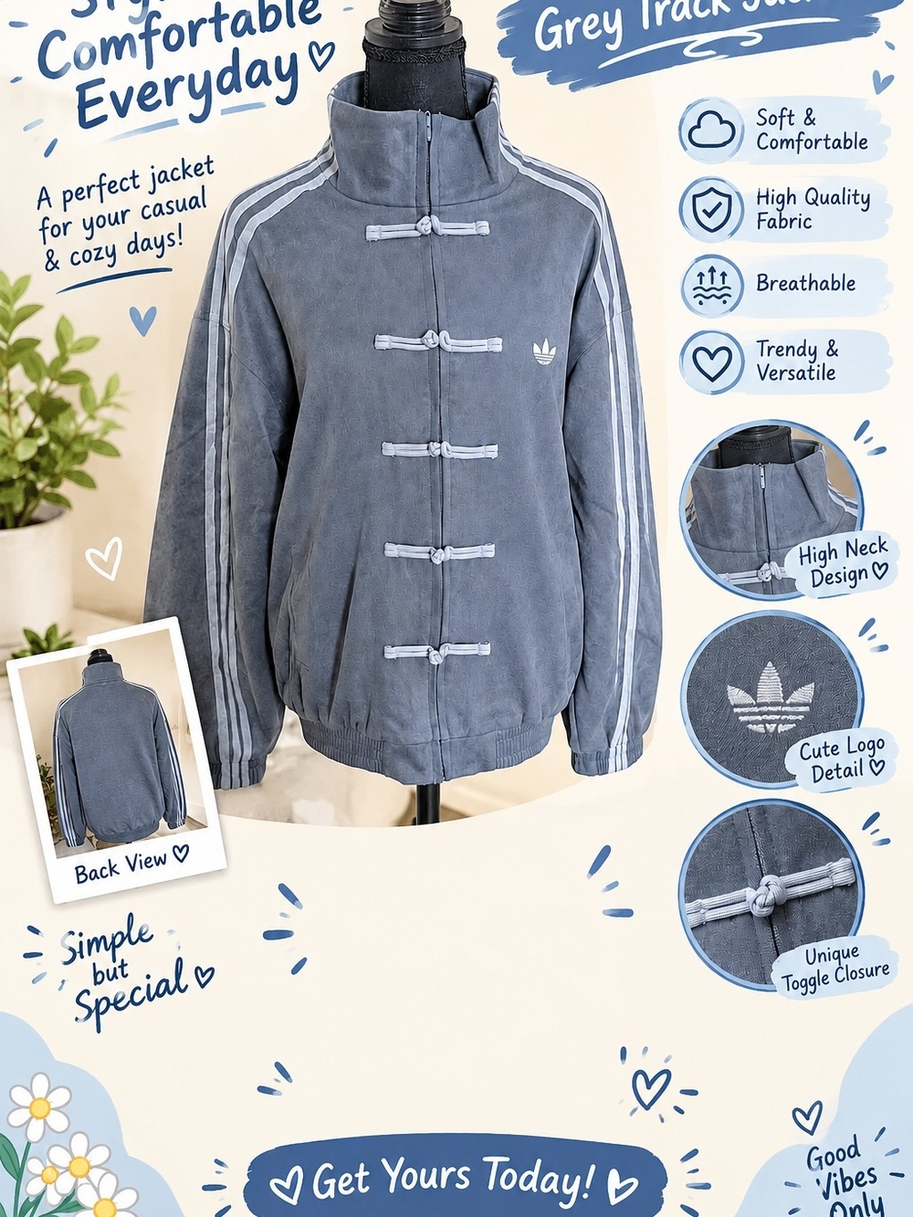 adidas Grey-Blue Jean-Style Track Jacket with Toggle Closures